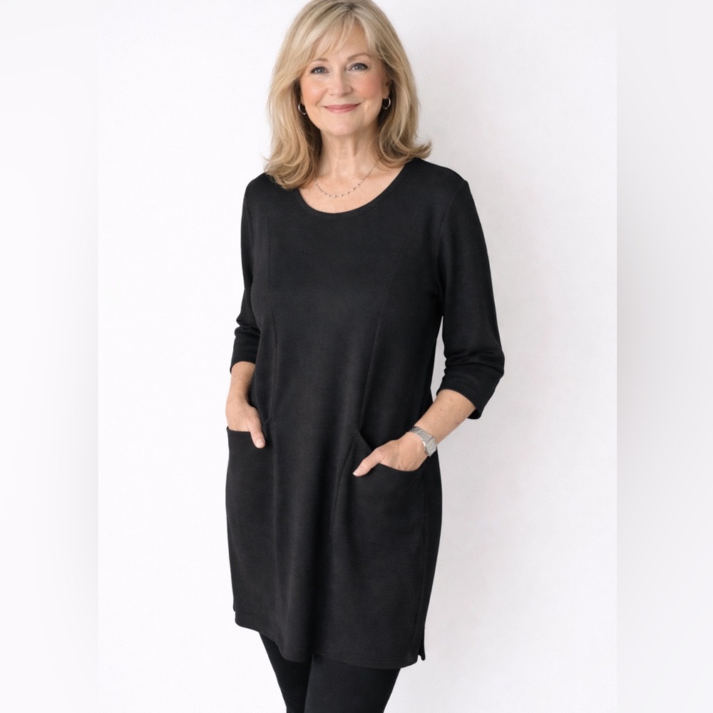 Creation Black Ribbed Knit Tunic Dress Crew Neck 3/4 Sleeve Pockets Large